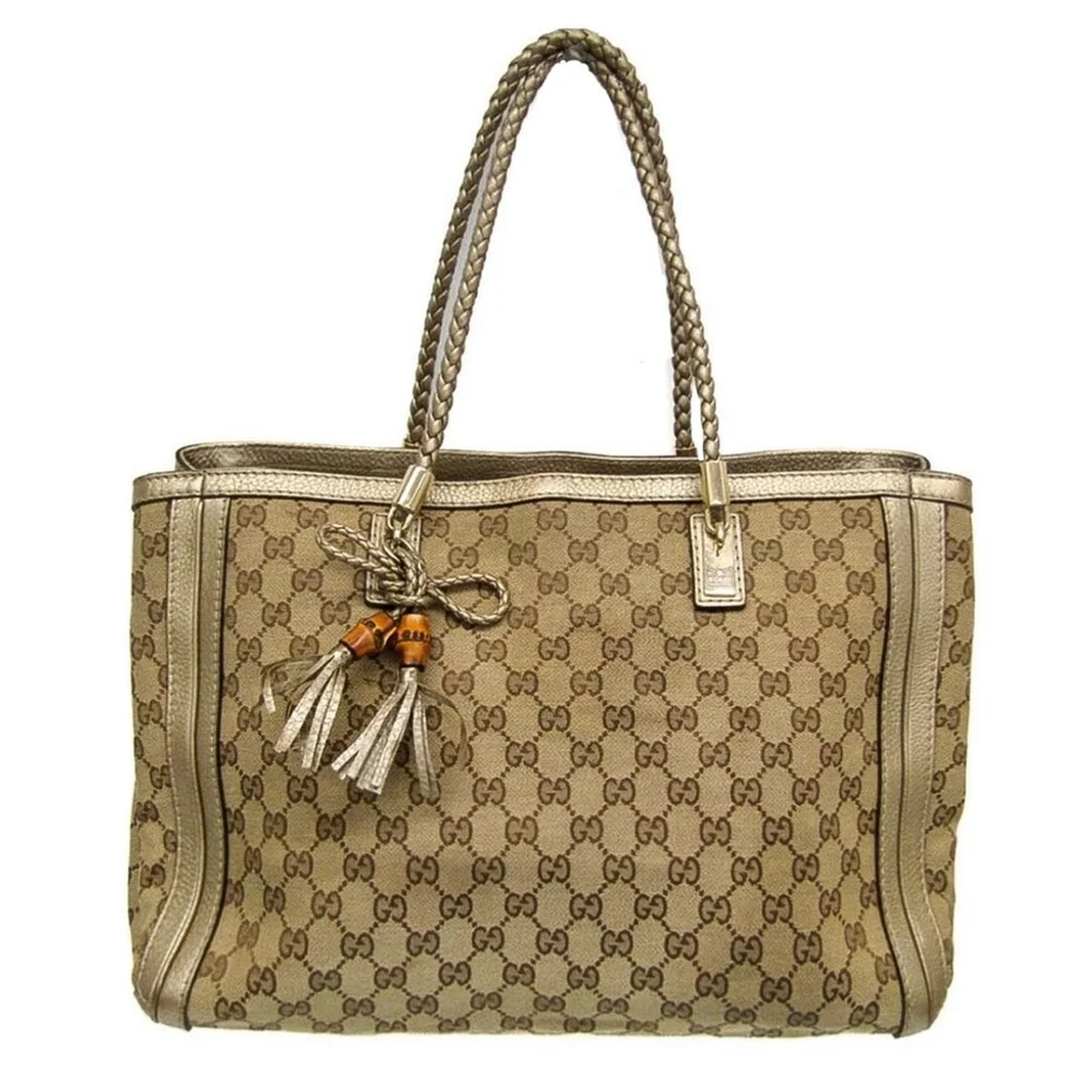 GUCCI Bella GG Canvas Leather Shoulder Bag Braided Leather Strap Bamboo Tassel